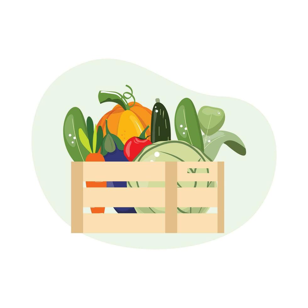 Organic farm vegetables in a wooden box. vector
