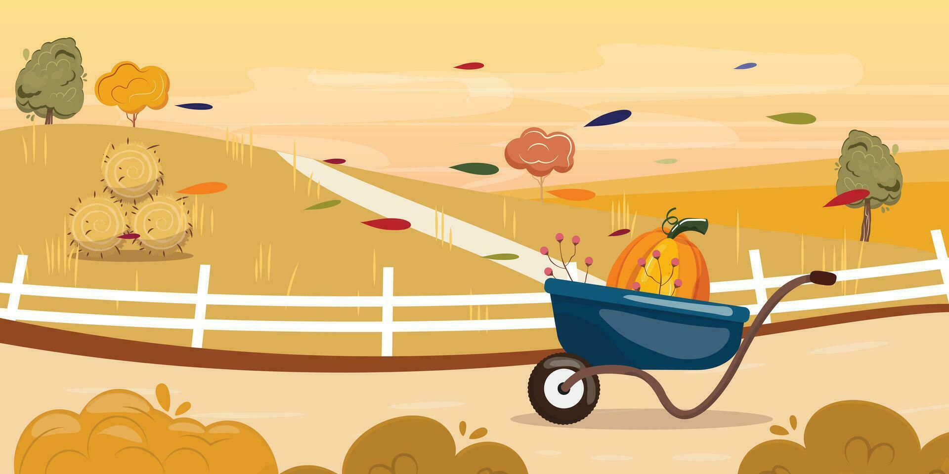 Rural nature autumn background with a wheelbarrow. Vector flat autumn illustration.
