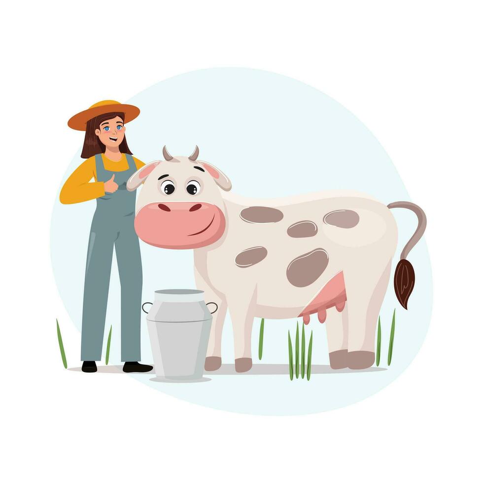 Farm lady standing next to the cute cow. Flat cartoon illustration. vector