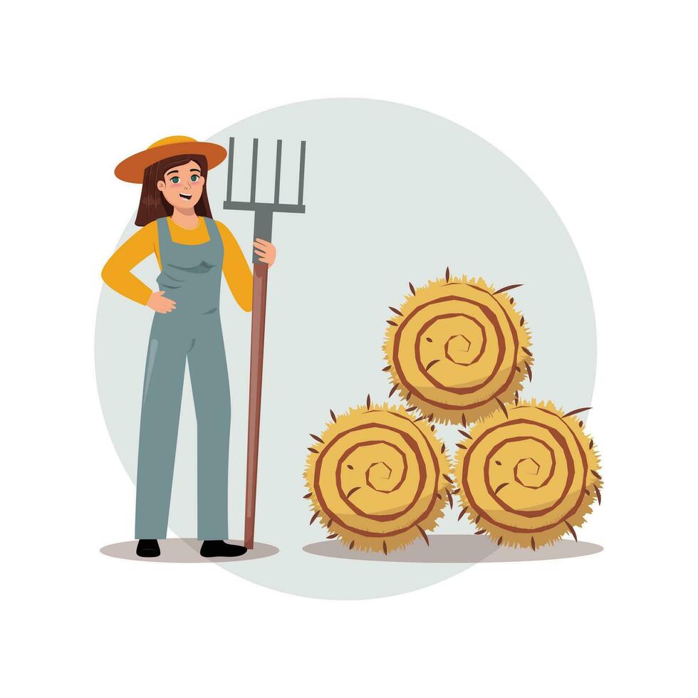 Happy smiling female farmer with a rake standing next to the hay-bale on white background. vector