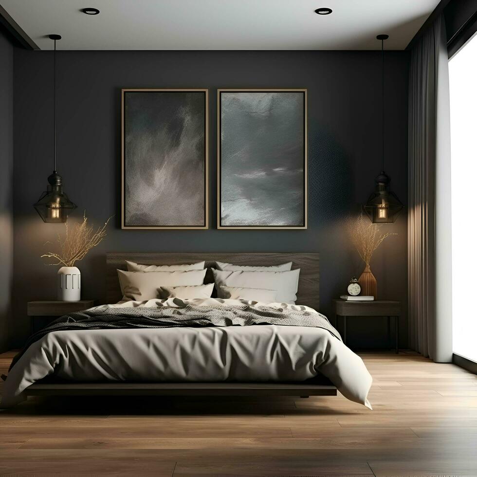 Interior of modern bedroom with gray walls- concrete floor- comfortable king size bed with orange linen and brown bedside table with two bedside tables. 3d rendering photo