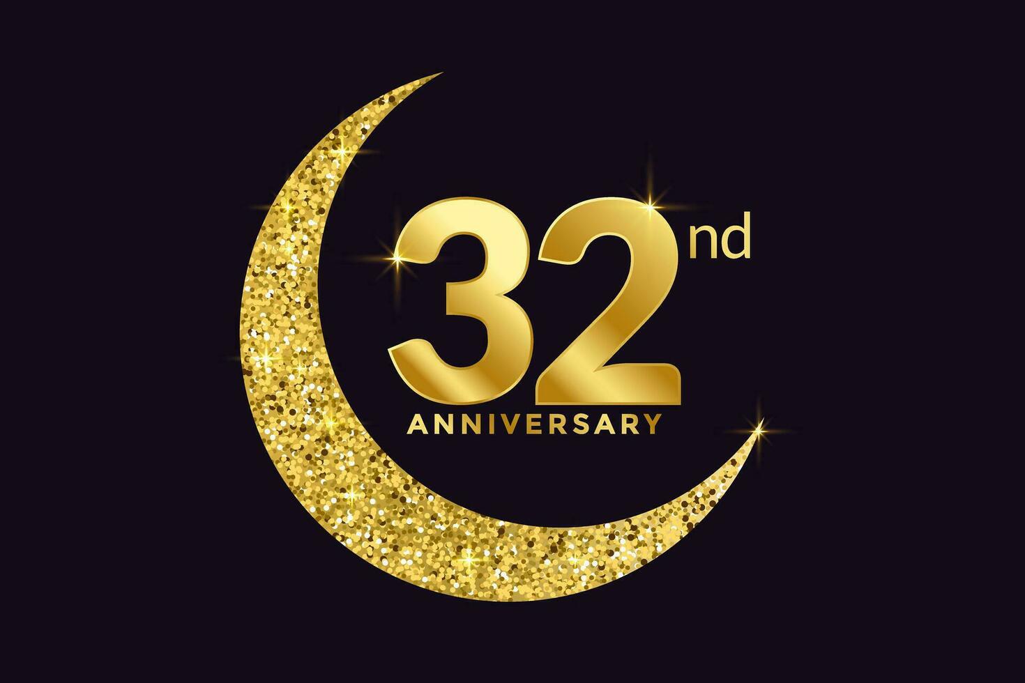 Thirty Two Years Anniversary Celebration Golden Emblem in Black Background. Number 32 Luxury Style Banner Isolated Vector