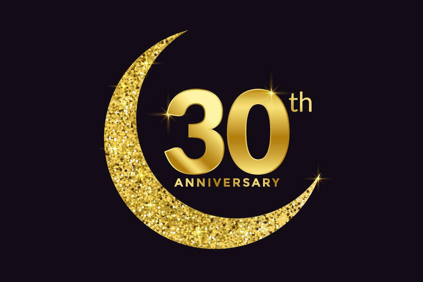 Thirty Years Anniversary Celebration Golden Emblem in Black Background. Number 30 Luxury Style Banner Isolated Vector