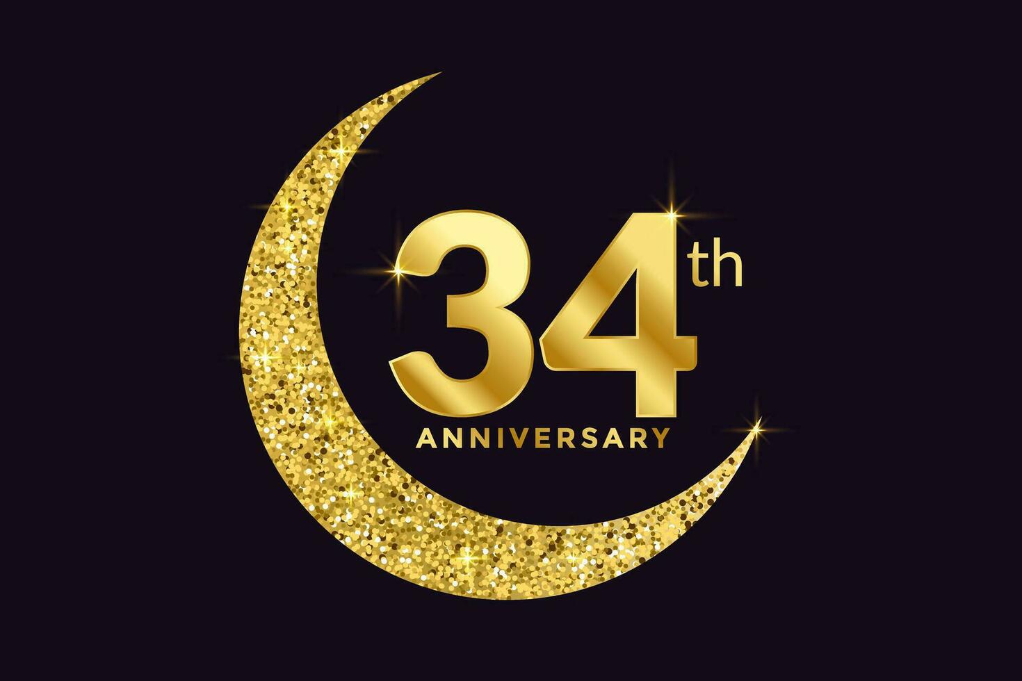 Thirty Four Years Anniversary Celebration Golden Emblem in Black Background. Number 34 Luxury Style Banner Isolated Vector. vector