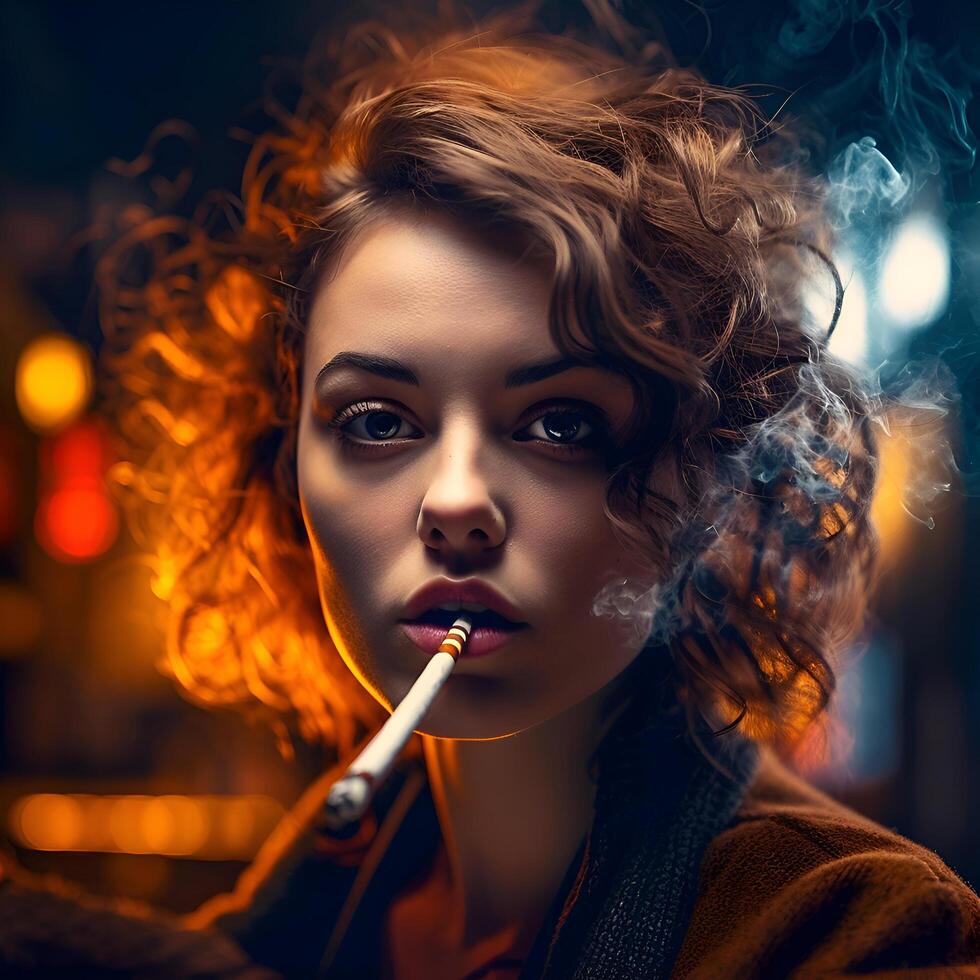 Portrait of a beautiful young woman smoking a cigarette on a dark background photo