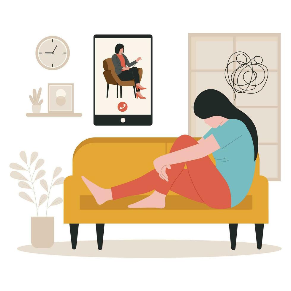 Vector of woman consulting psychologist online