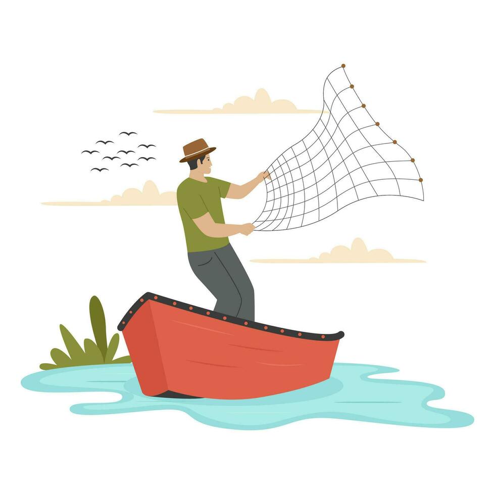pescar con red ilustración concepto vector