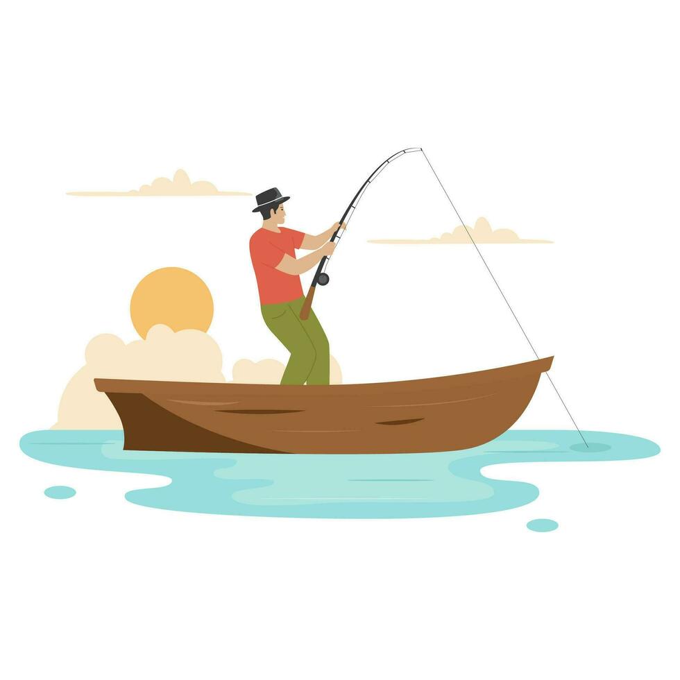 Fisherman in a wooden boat illustration concept vector