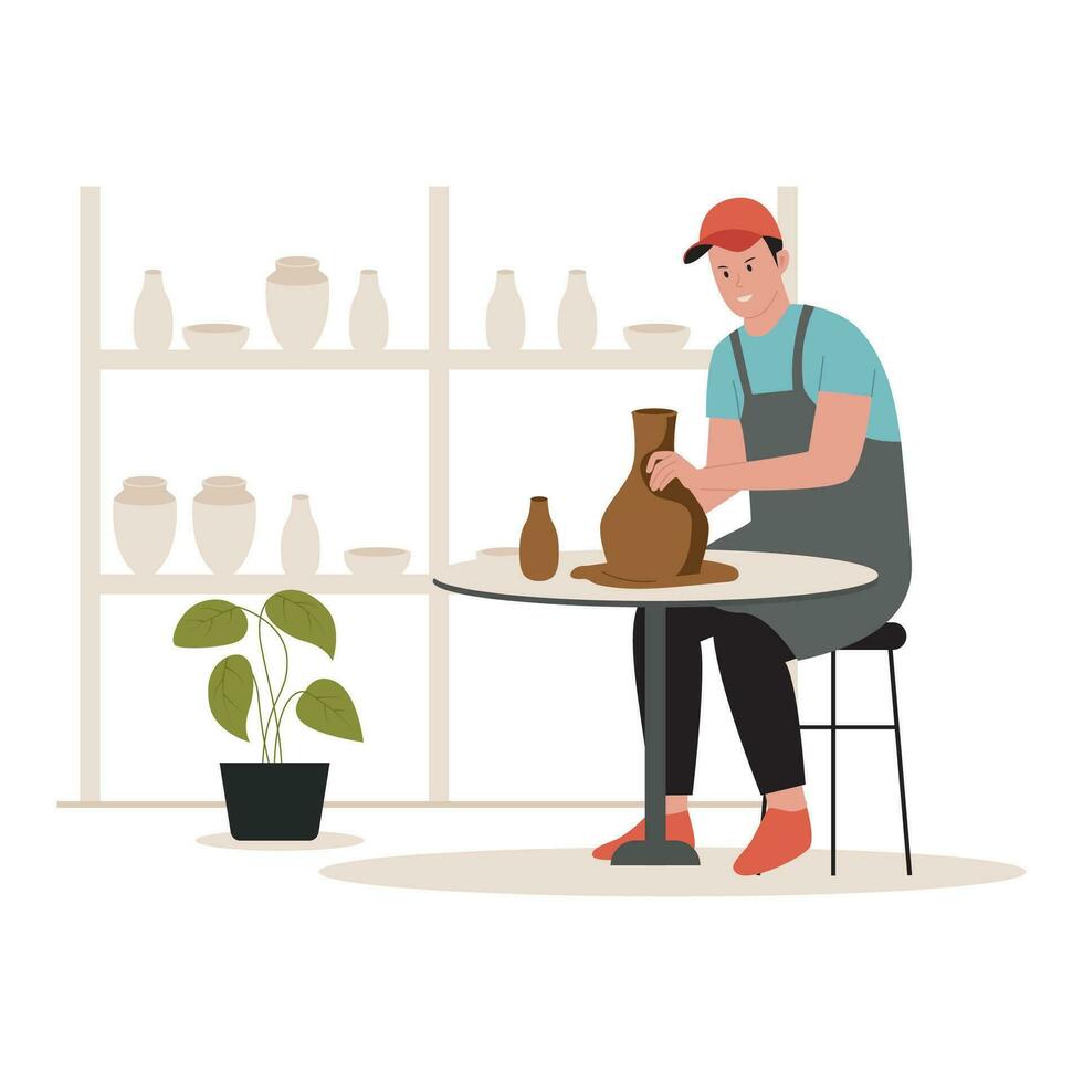 Vector illustration of professional potter makes a clay vase