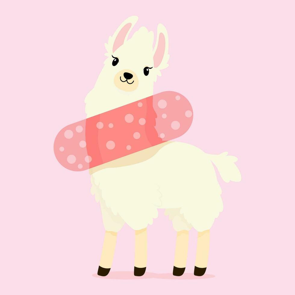 Fluffy white llama with an inflatable ring around his neck vector