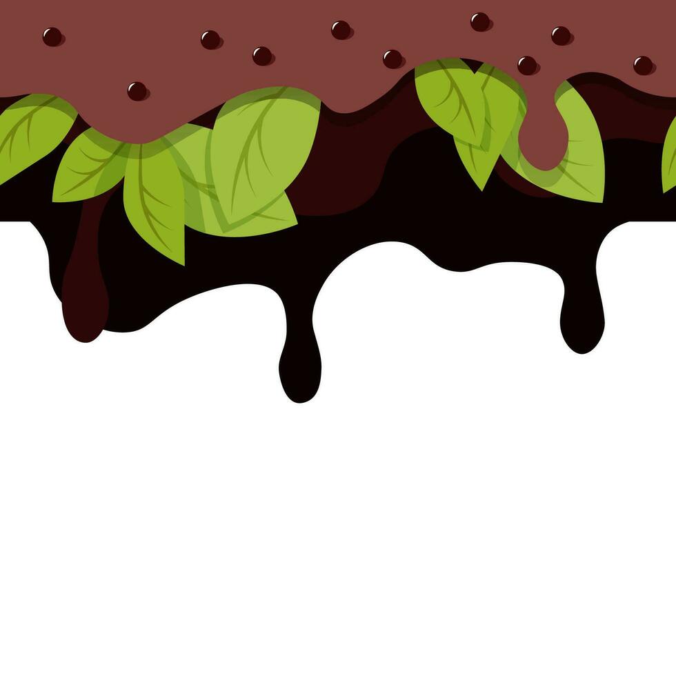 Milk and dark chocolate drips with mint leaves in a seamless border vector