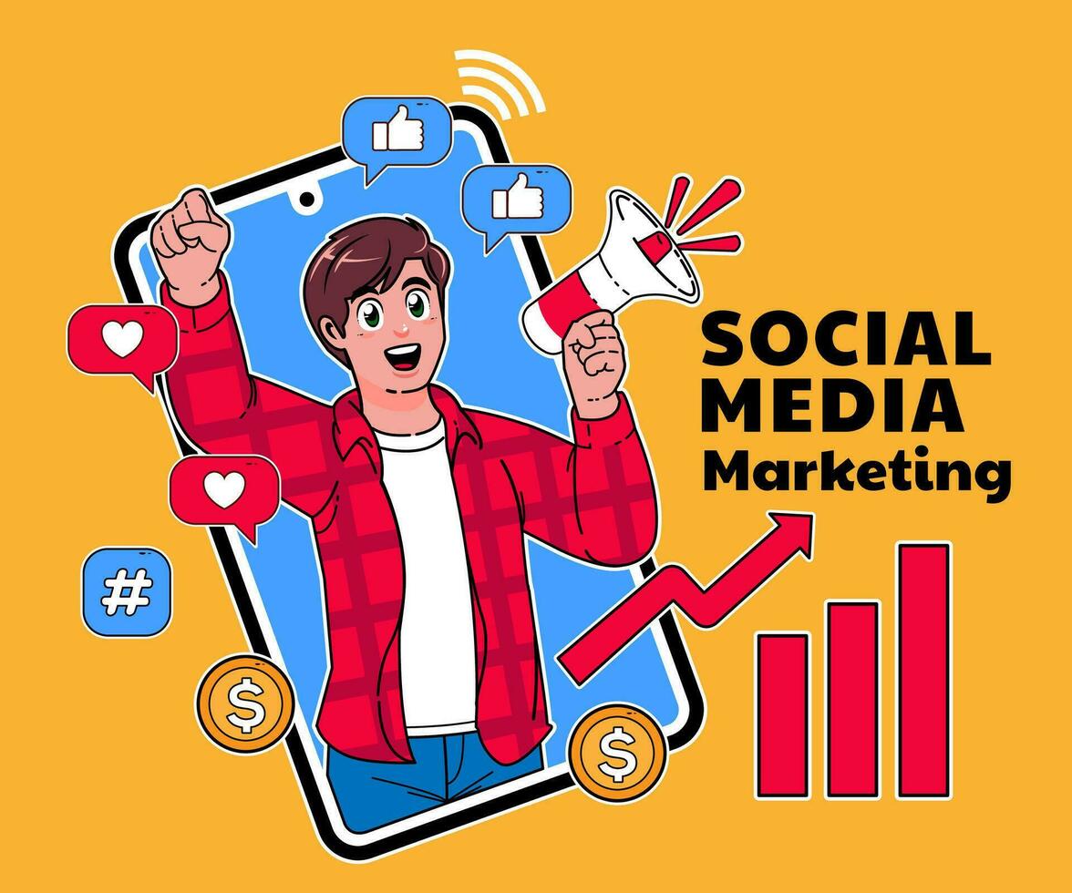 social media marketing with a man and smartphone vector