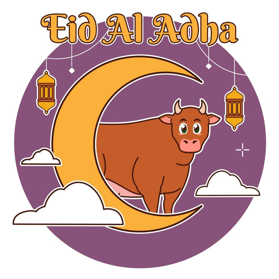 Eid al Adha, crescent moon and cow vector