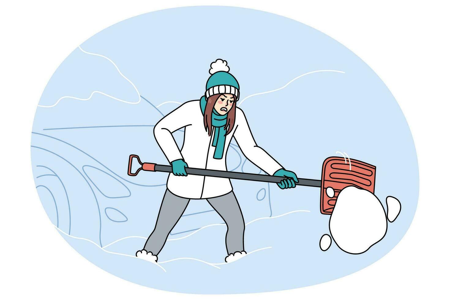 Unhappy woman dig car from snow in winter vector