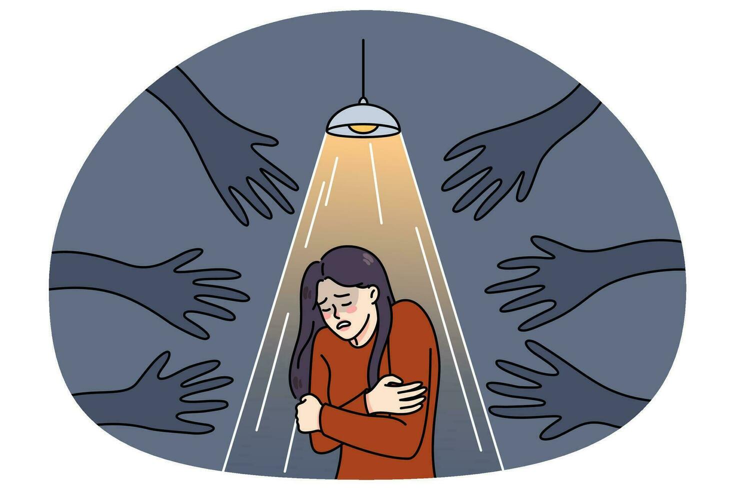 Scared woman haunted by black hands vector