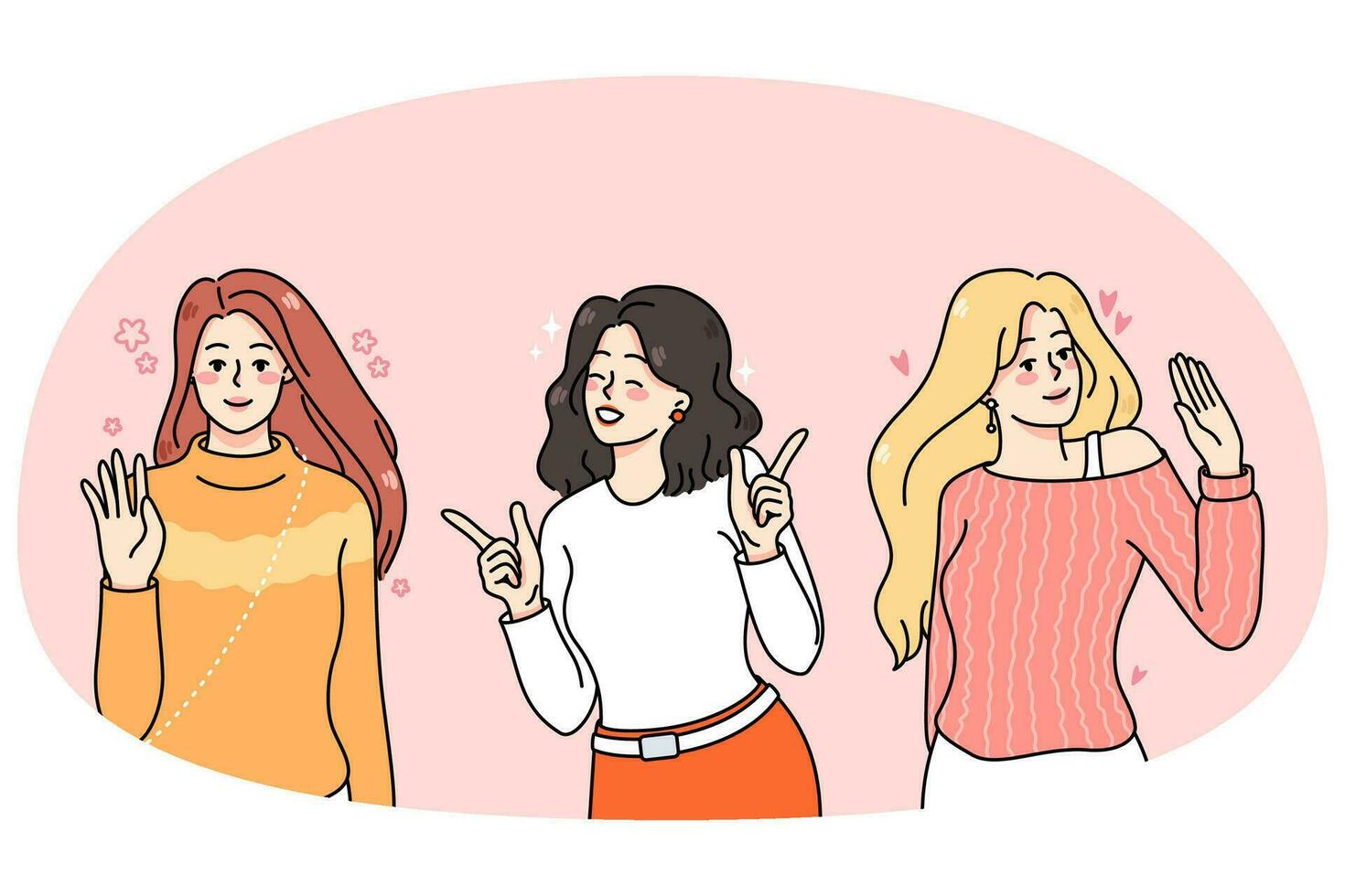 Smiling diverse women waving hands and greeting vector