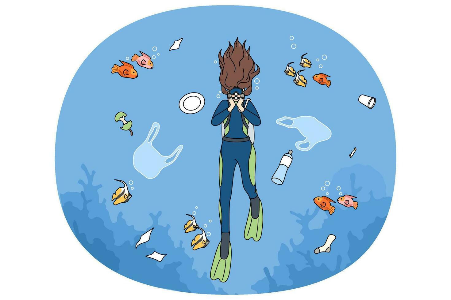 Scuba diver floating in contaminated ocean vector