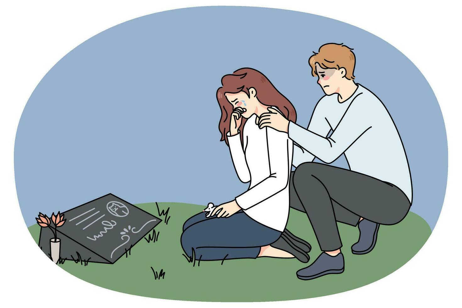 Sad couple crying at pet gravestone vector