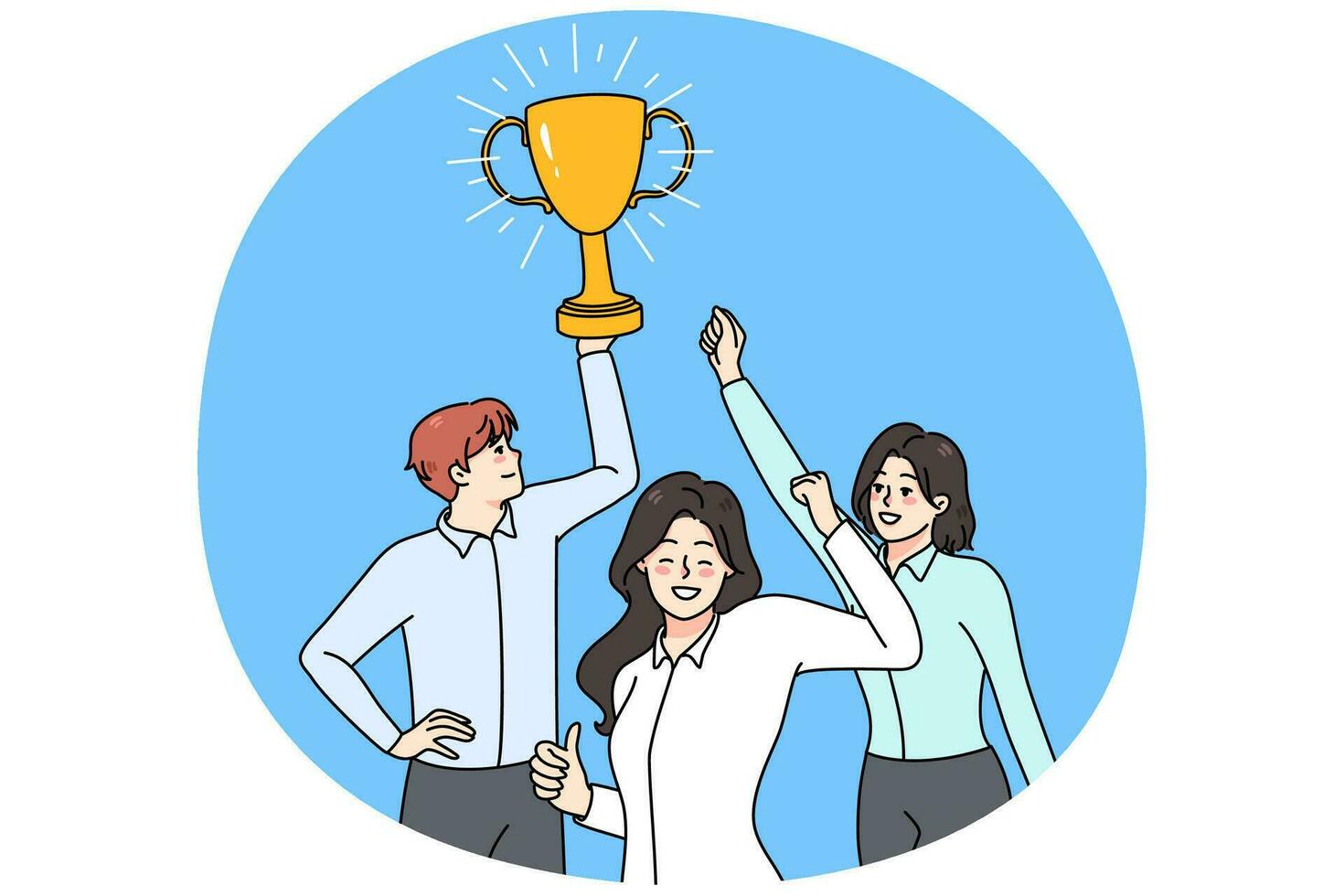 Excited work team hold prize celebrate success vector