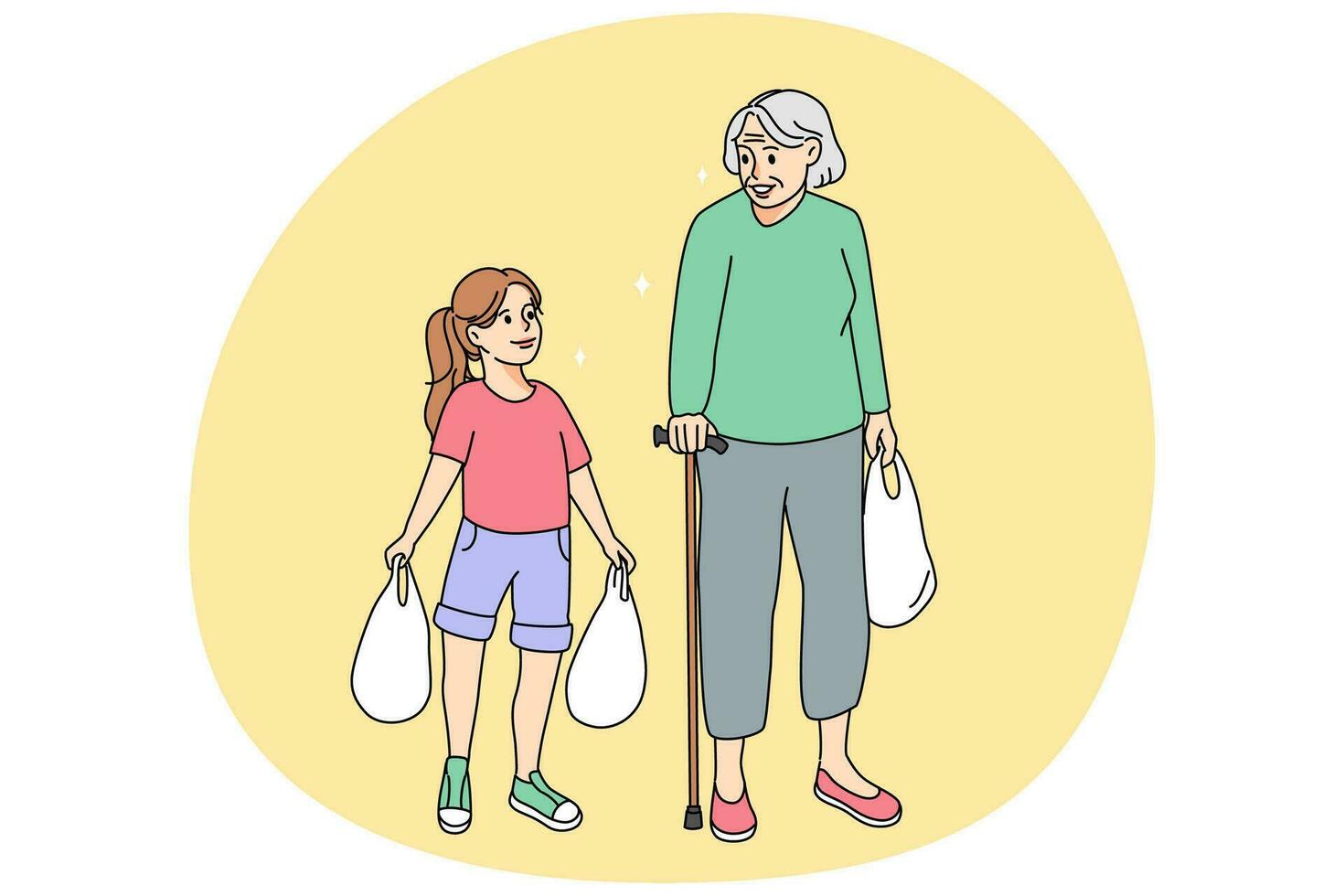 Kind small girl help old grandmother carrying bags vector