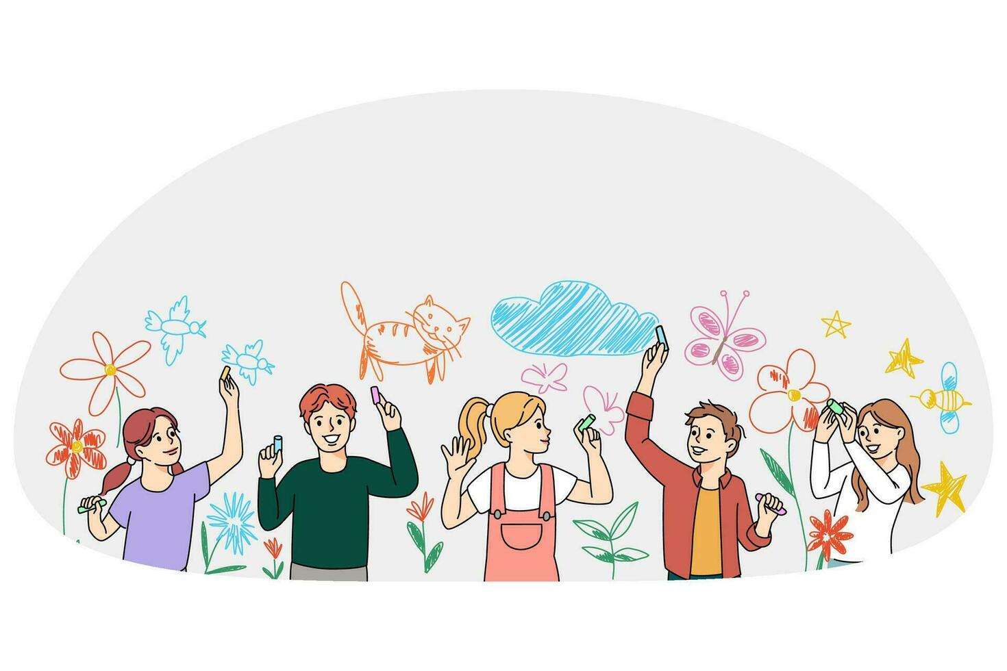 Diverse children drawing on wall together vector