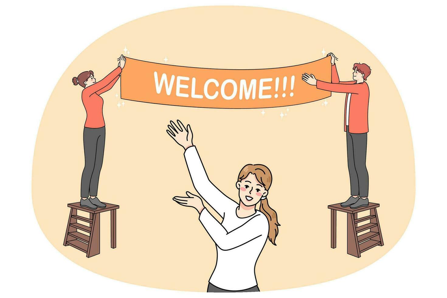 Happy people hanging welcome banner vector