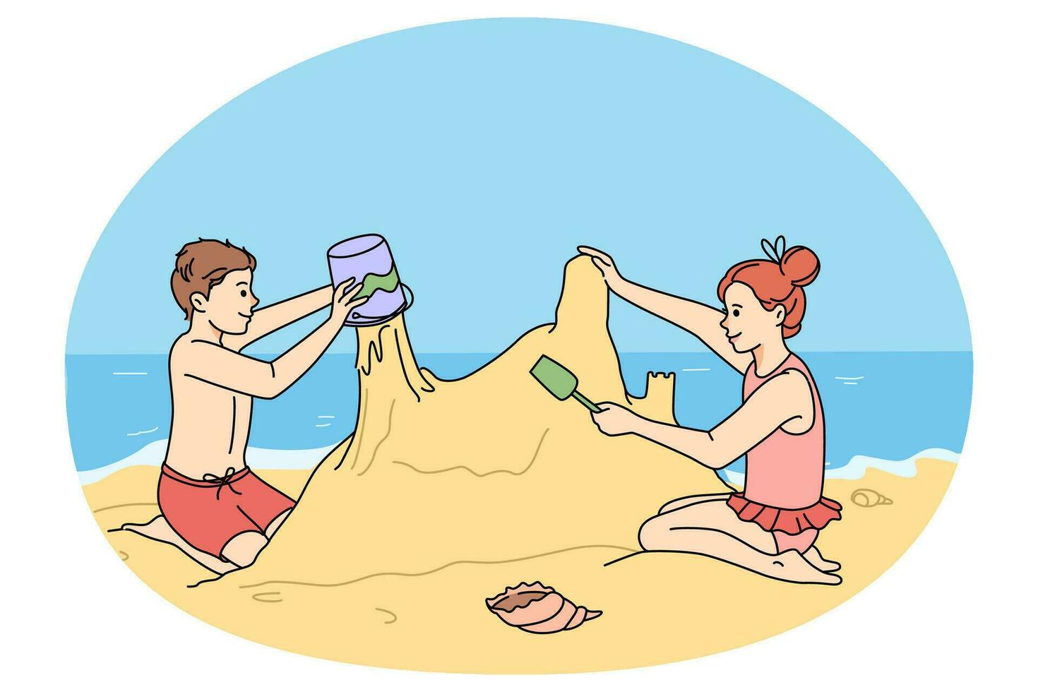 Happy children play build sand castle on holidays vector