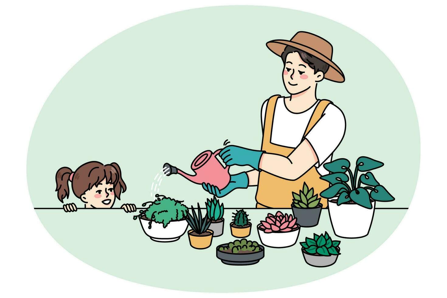 Father and daughter enjoy gardening together vector