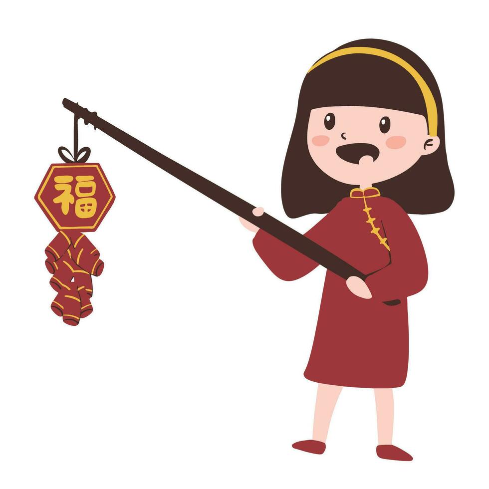 kid girl chinese character celebate lunar new year vector