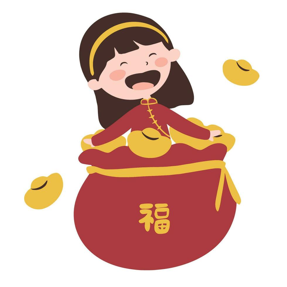 kid girl chinese character celebate lunar new year vector