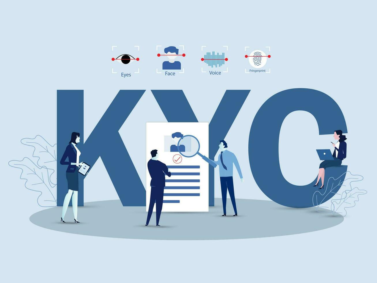 KYC or know your customer with business verifying the identity of its clients concept at the partners-to-be through a magnifying glass vector illustrator.