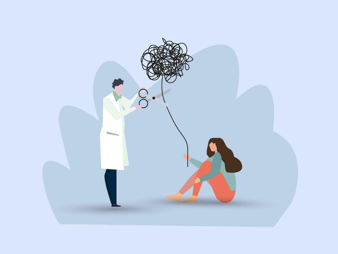 psychologist using scissors to cut chaos messy balloon on patient. reduce anxiety or stress, psychotherapy to cure mental health problem or depression, relief to cure overworked concept. vector