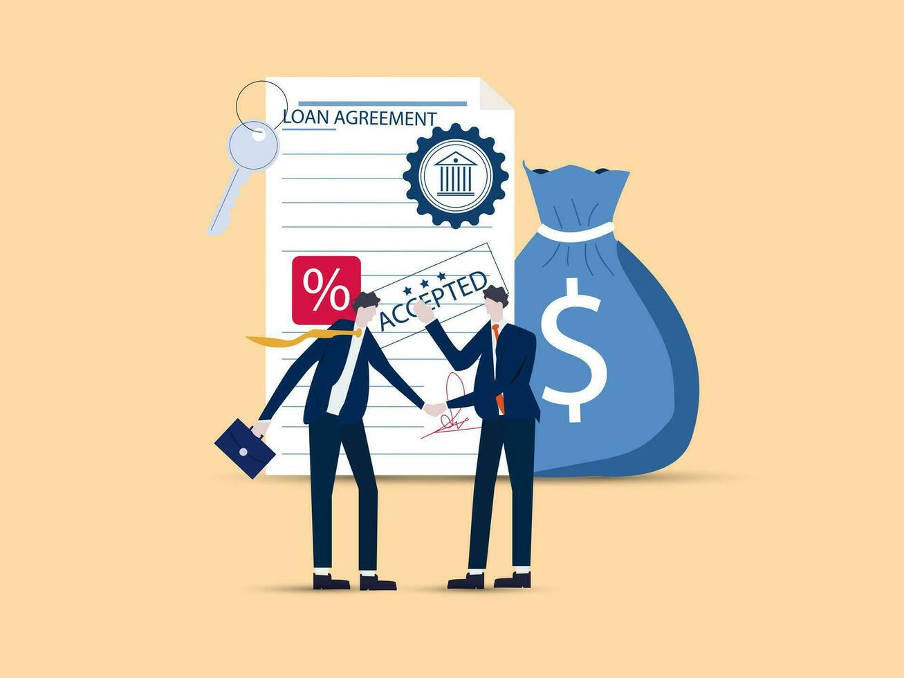 Loan agreement borrow money from bank, debt or obligation to pay back interest rate, personal loan or financial support concept, businessman shaking hand with loan agreement. Vector illustration.