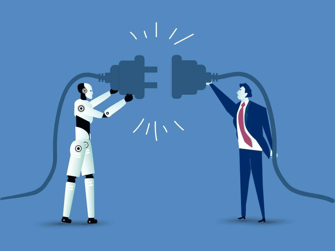 Businessman and Ai robot  hold plugs to connect. Cooperation interaction. Collaboration teamwork. Concept for planning, business strategy and connection. vector