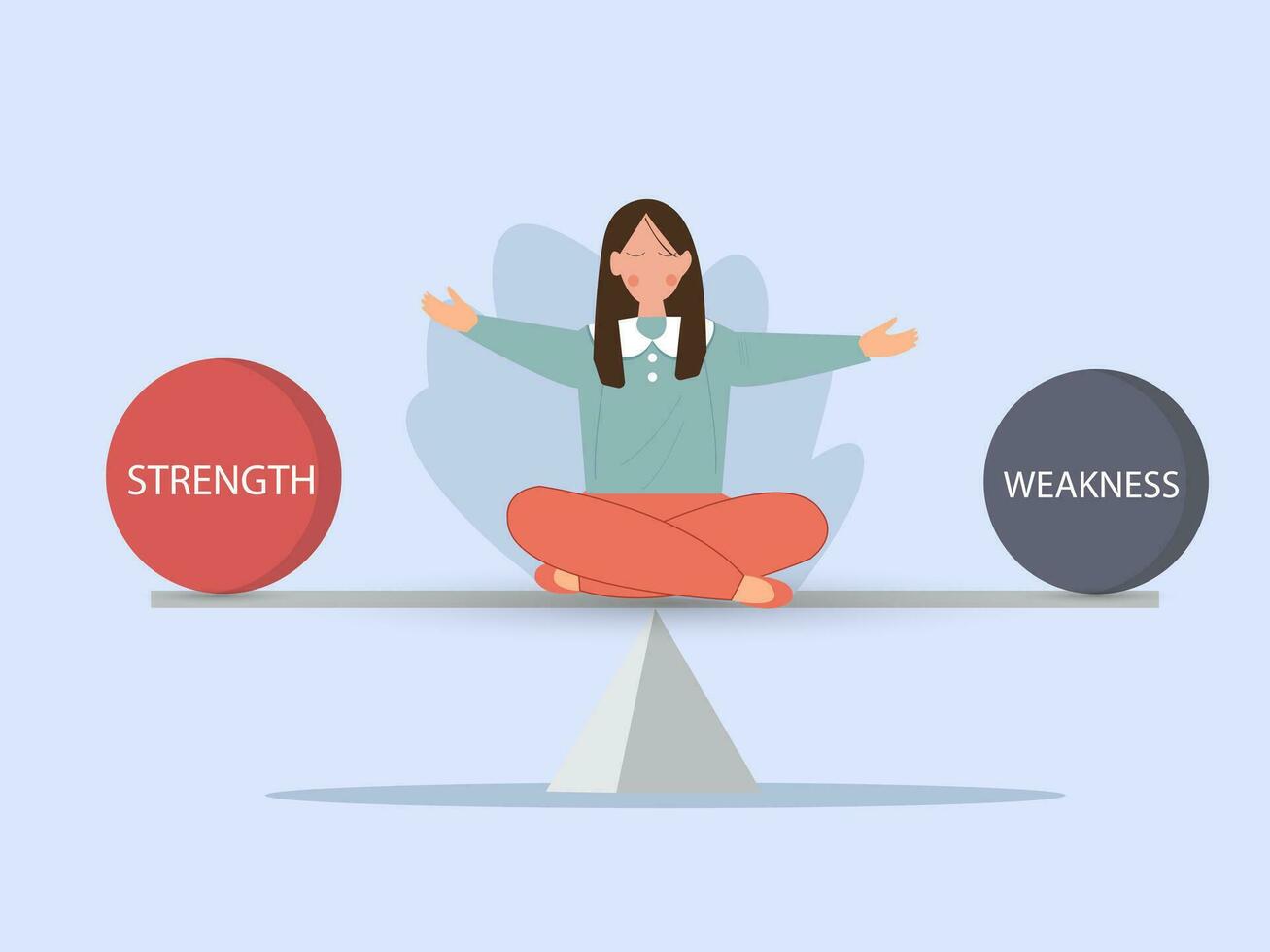 Business woman balancing between strength and weakness. Vector illustration.