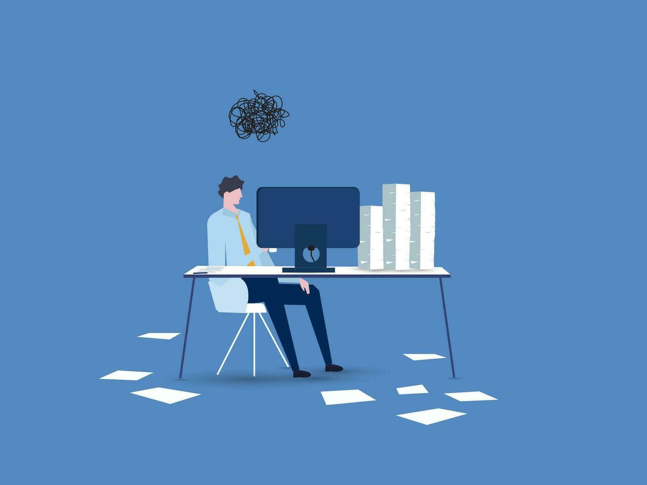 frustrated businessman sitting on office busy desk.Overwhelmed, work stress, tired or fatigue from overworked, busy to finish project paperwork in deadline, anxiety or exhaustion, headache concept. vector