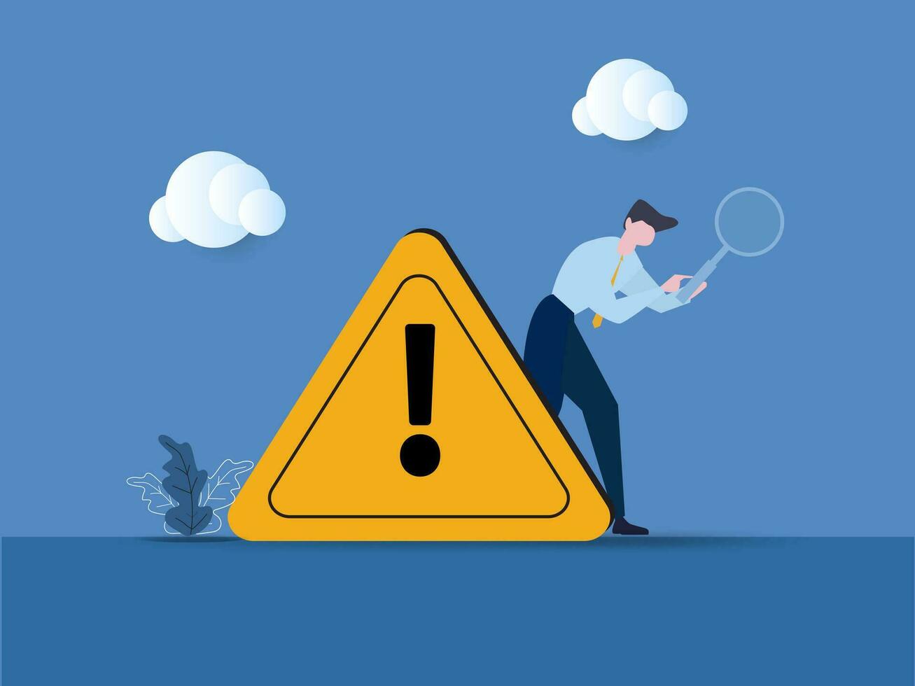 Businessman with magnifier monitor and investigate incident with exclamation attention sign,Incident management, root cause analysis or solving problem, identify risk or critical failure concept. vector