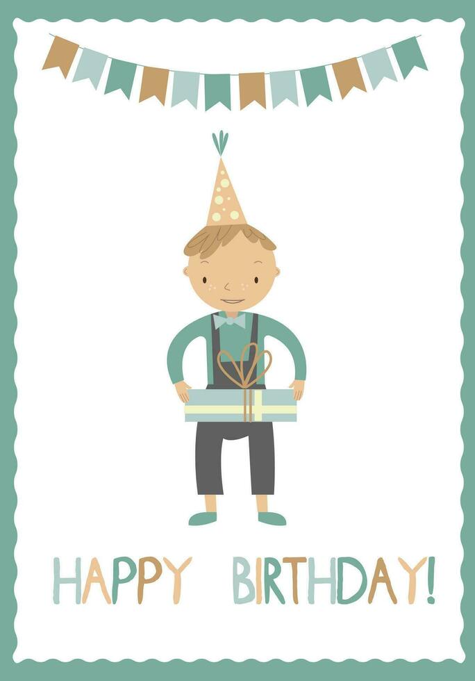 vector greeting card with little happy boy that holding his gift