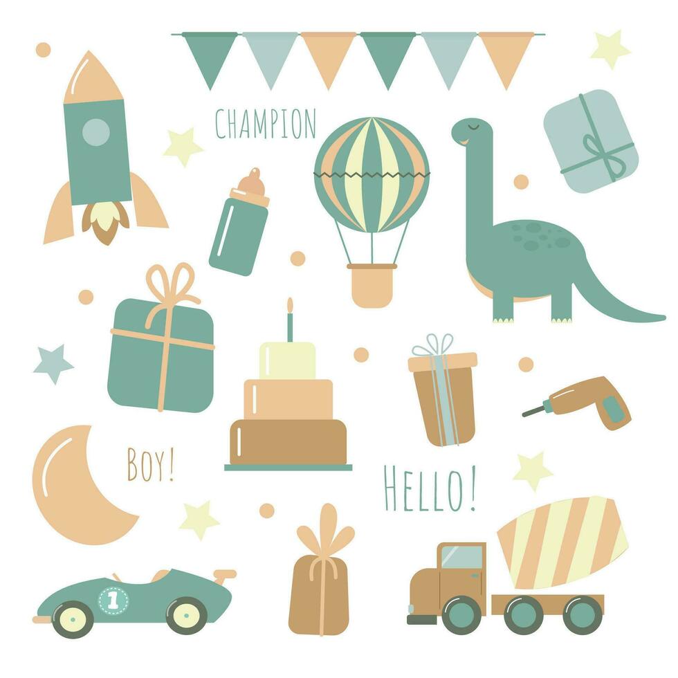 vector set with cute elements and toys for decor newborn boy