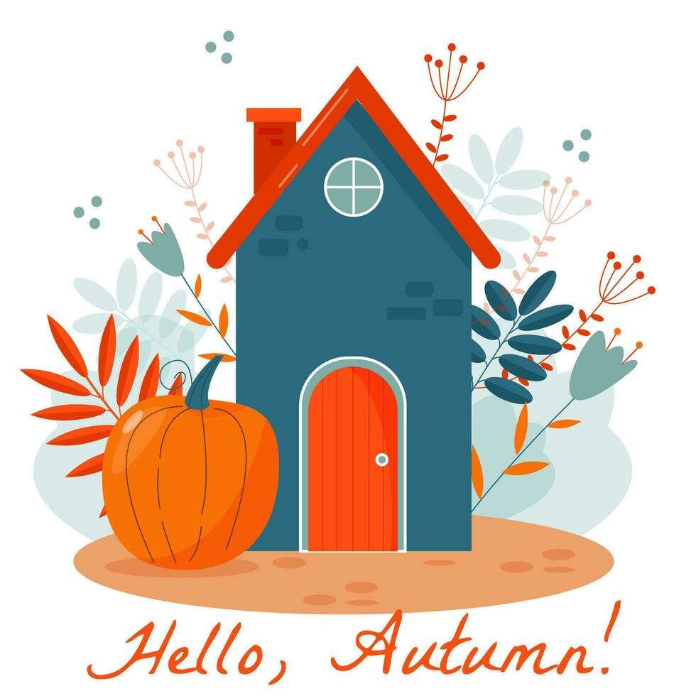 vector card with cute autumn house, pumpk in and flowers