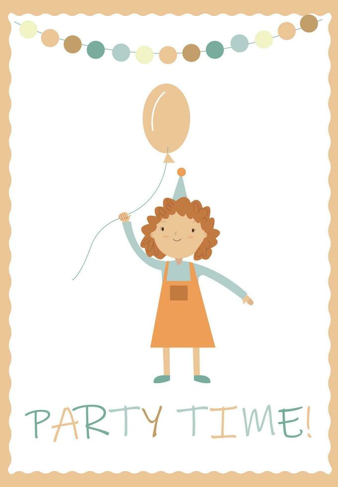vector greeting card with cute little girl that holdind pink ballon