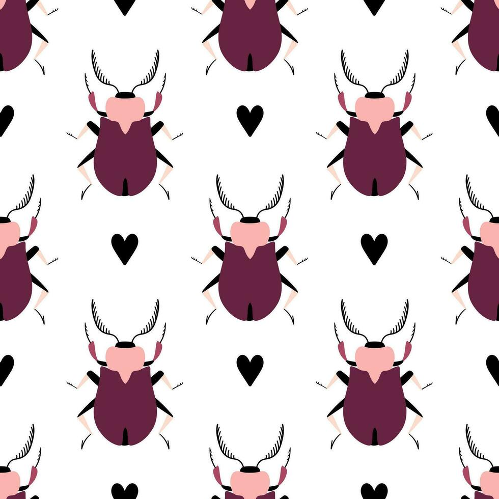 Beautiful beetles with black hearts. Seamless pattern with cartoon elements. vector