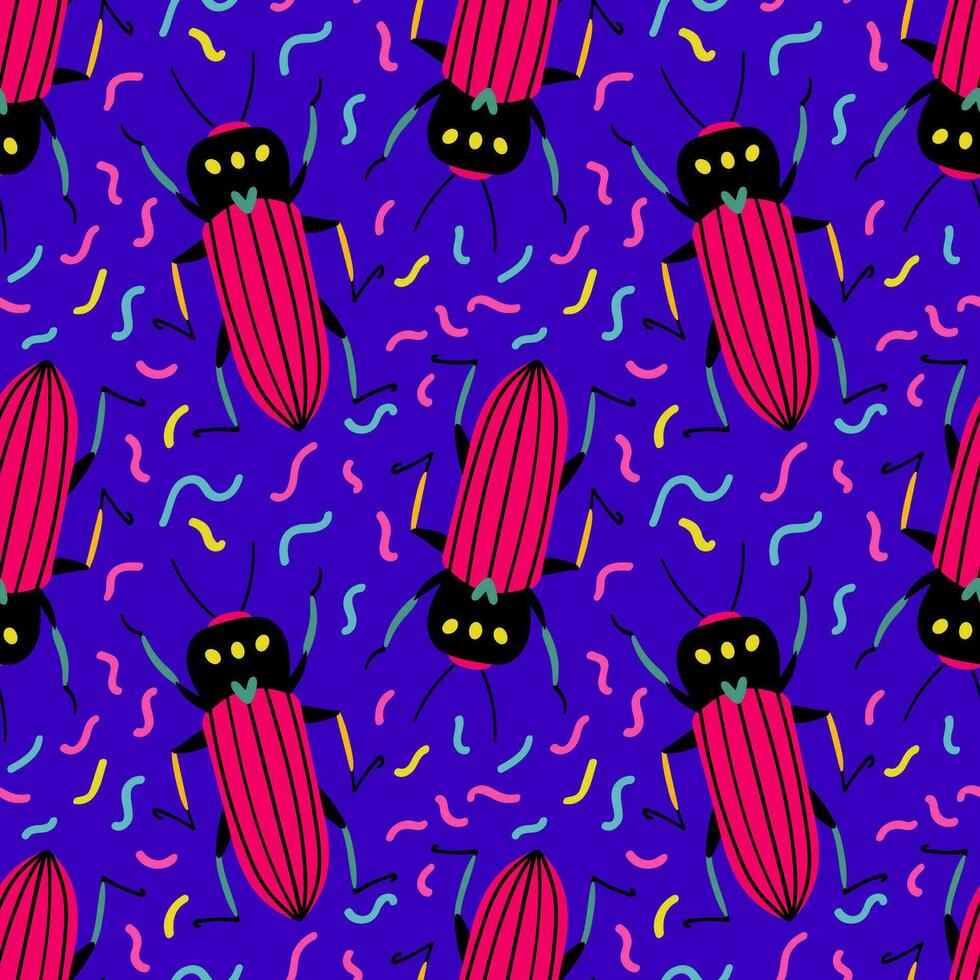 Funny pink beetles on the blue background. Seamless pattern with cartoon element vector