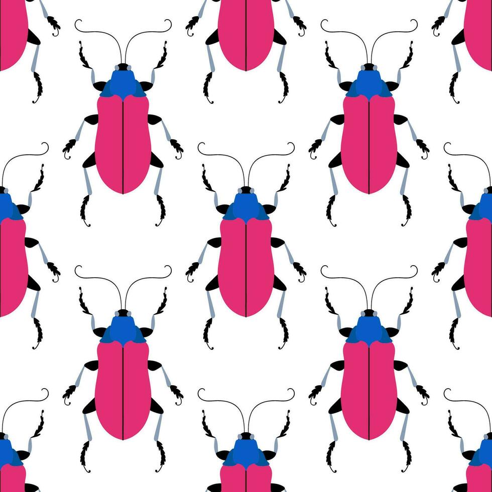 Fancy pink beetles on the white background. Seamless pattern with cartoon elements. vector