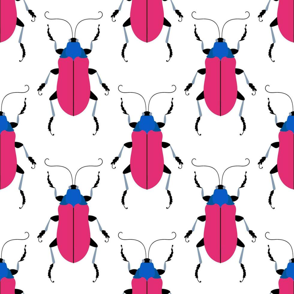 Fancy pink beetles on the white background. Seamless pattern with cartoon elements. vector