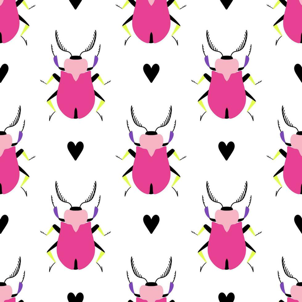 Beautiful beetles with black hearts. Seamless pattern with cartoon elements. vector
