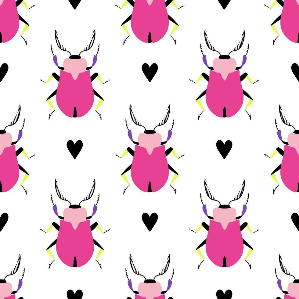 Beautiful beetles with black hearts. Seamless pattern with cartoon elements. vector