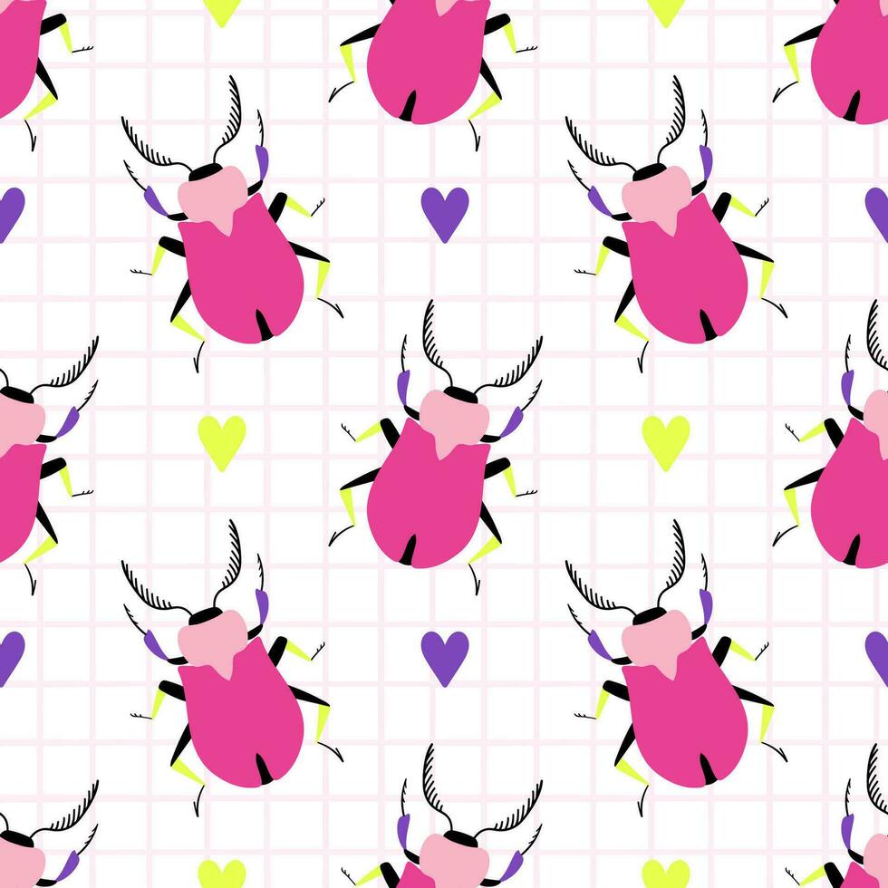 Funny pink bugs with bright hearts on a checkered background. Seamless pattern with cartoon elements. vector