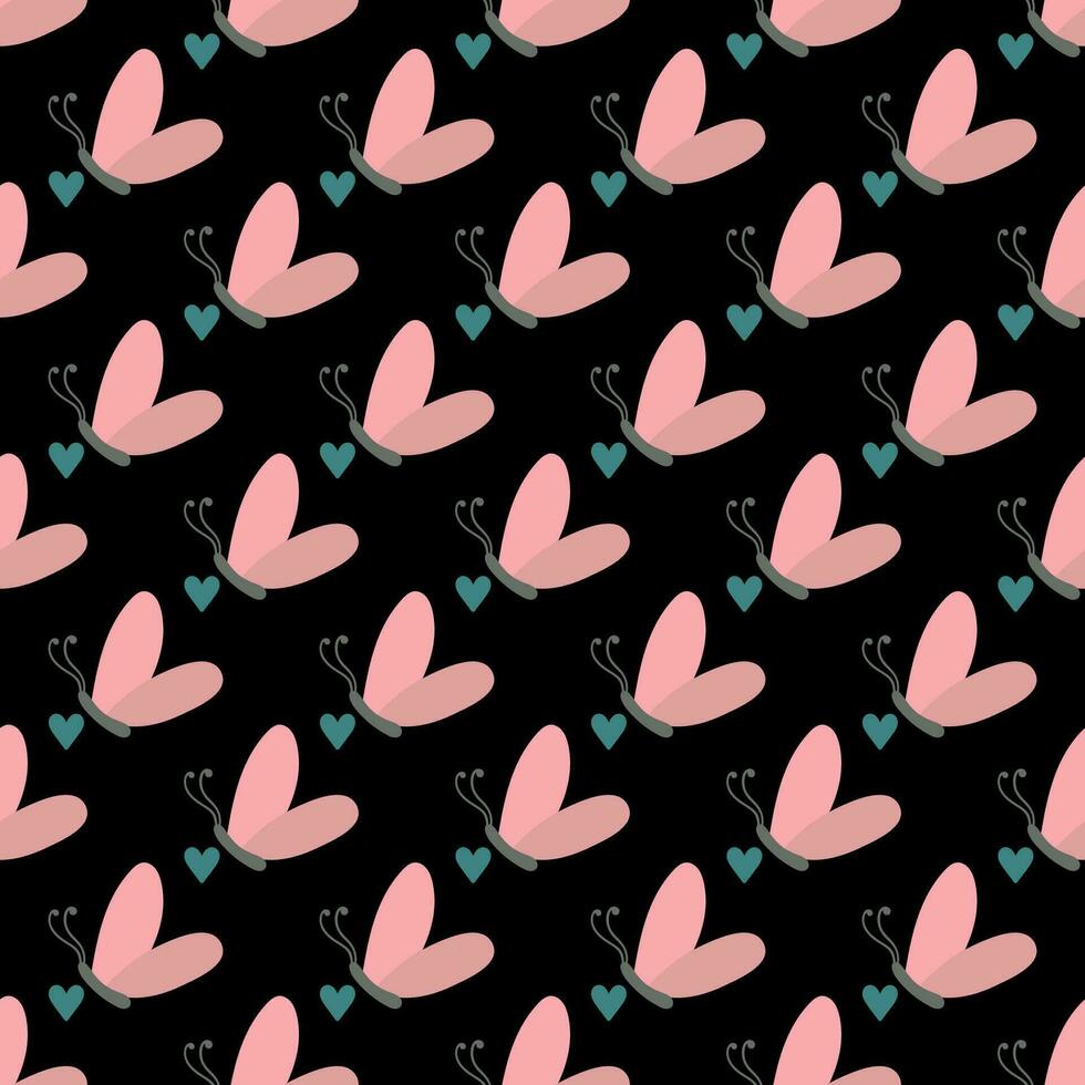 Pink night butterflies in love. Seamless pattern with cartoon elements. vector