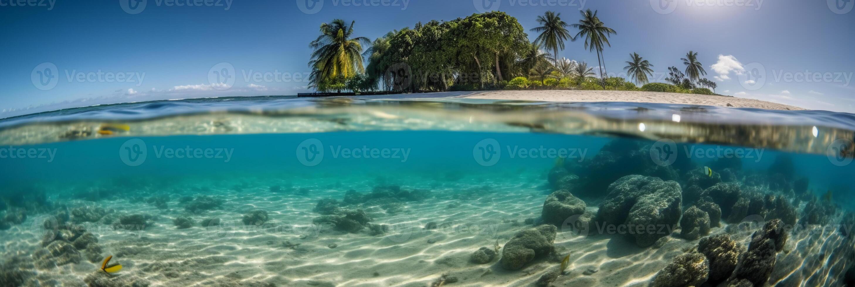 Photograph of beautiful inviting beach scene with blue sky. photo